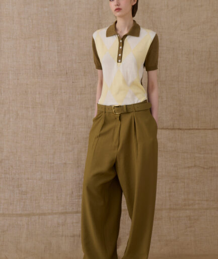 Olive Polo Knitted T-Shirt with Rhombus Pattern Vassia Kostara