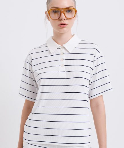 Livia Polo Blouse – White / Blue Dolce Domenica